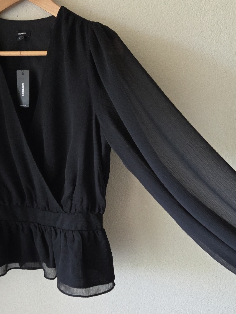 Express Black Wrap Blouse with Smocked Cuffs Sz M NEW - Picture 6 of 14